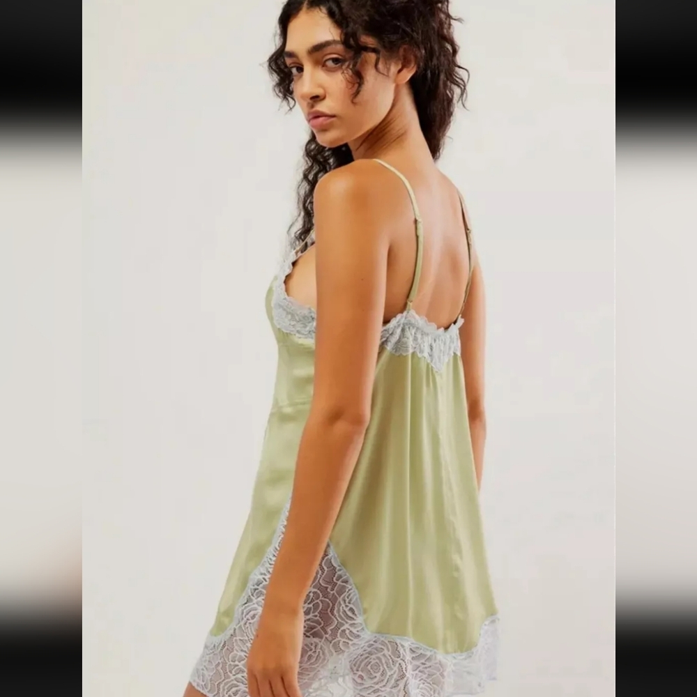 Free People Olive Green Satin Lace Trim Slip Chemise